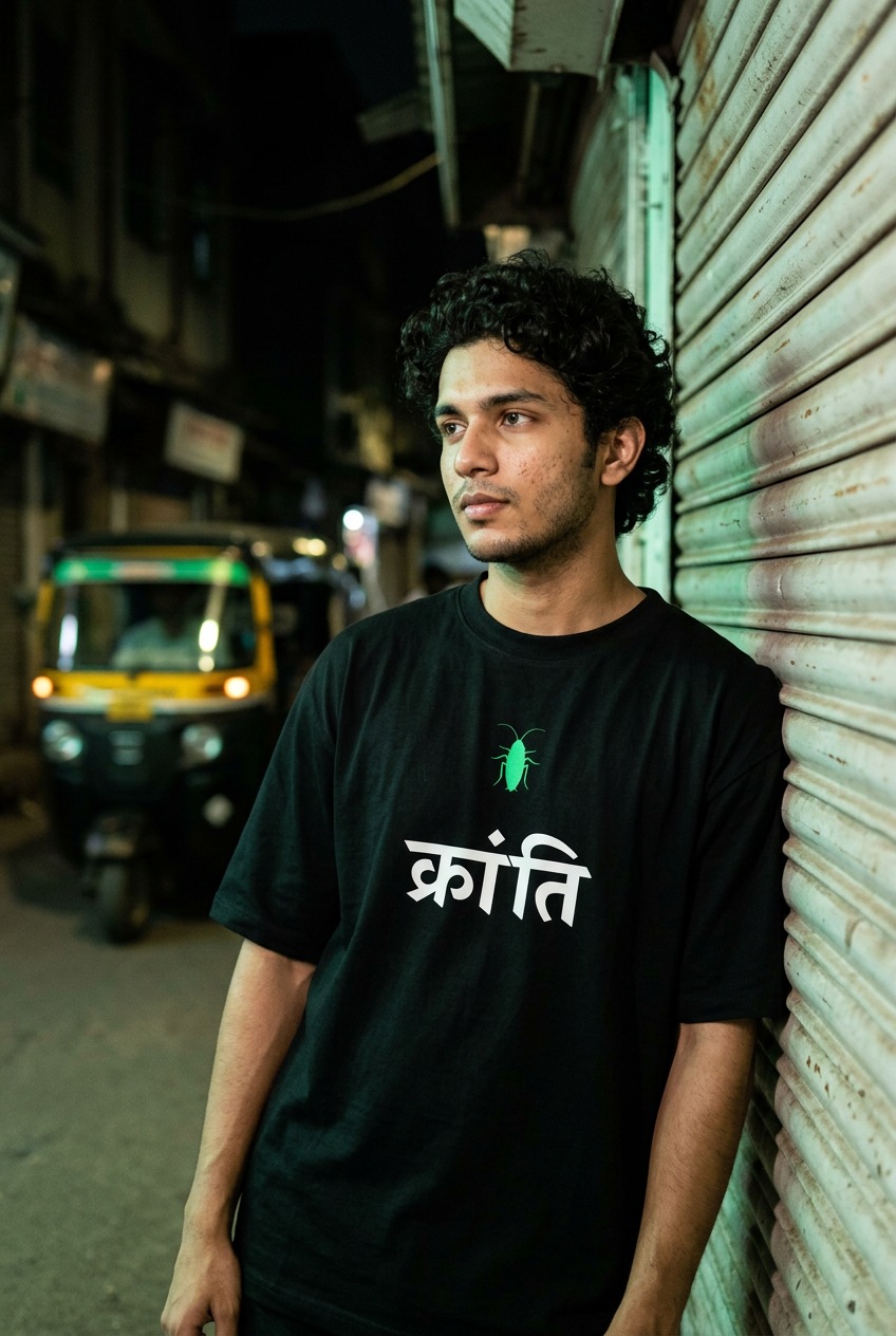 Young man with curly hair leaning on a shop shutter in a night lane wearing the Kranti tee
